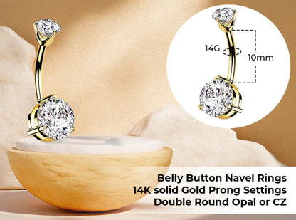 14K Solid Gold 14 Gauge Belly Ring with Prong Set Round Gems - photo 3