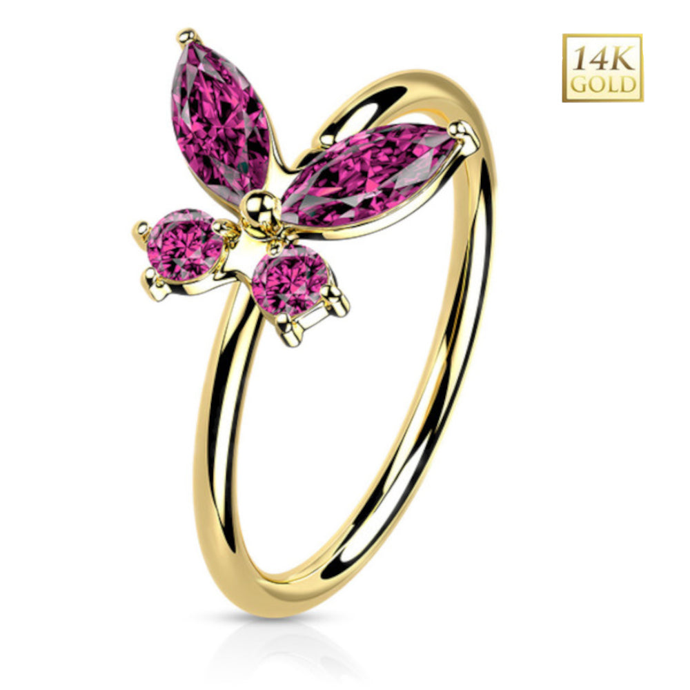 14K Solid Gold 20 Gauge Bendable Nose Ring with CZ Opal Butterfly - photo 8