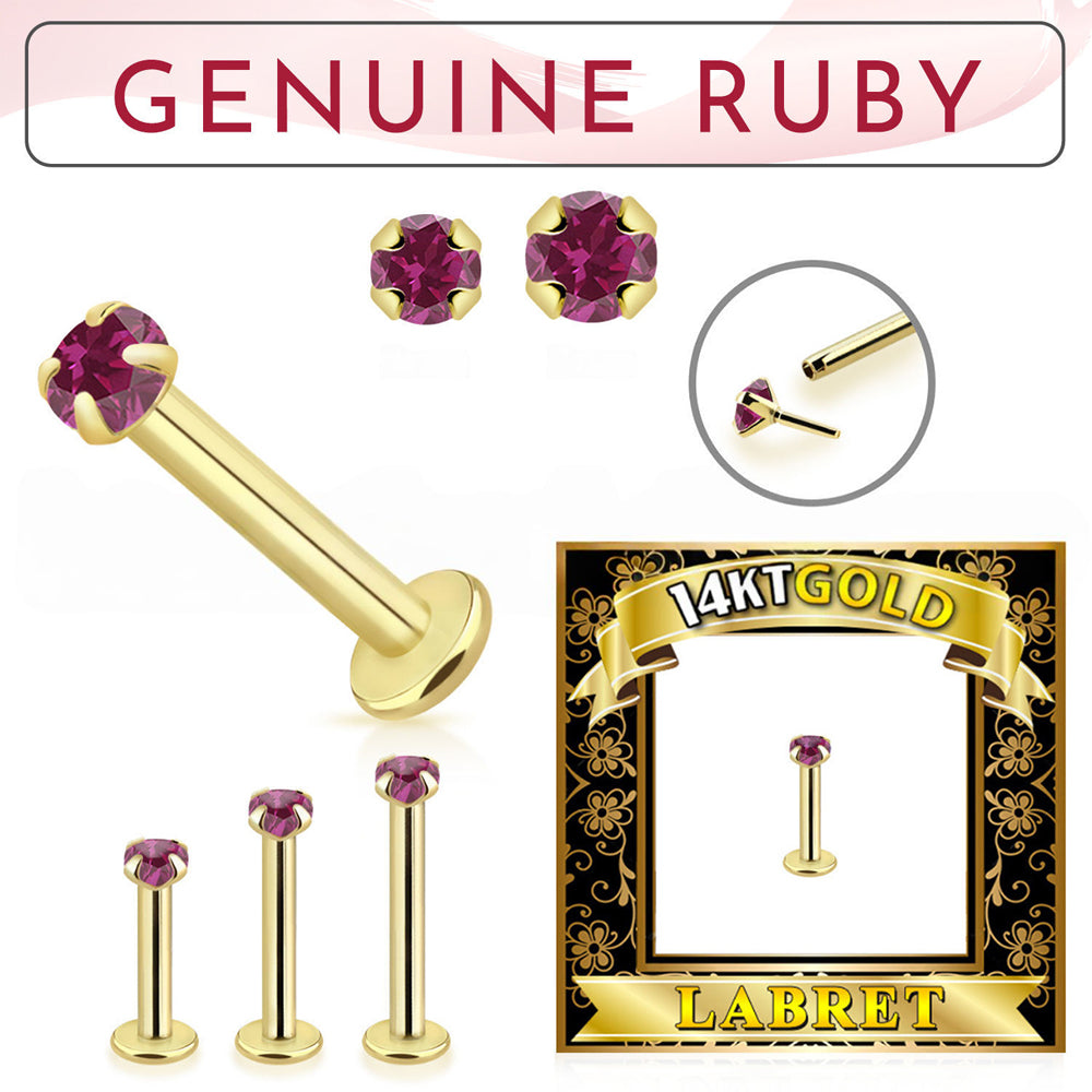 14K Solid Gold 16 Gauge Genuine Ruby Threadless Labret Stud