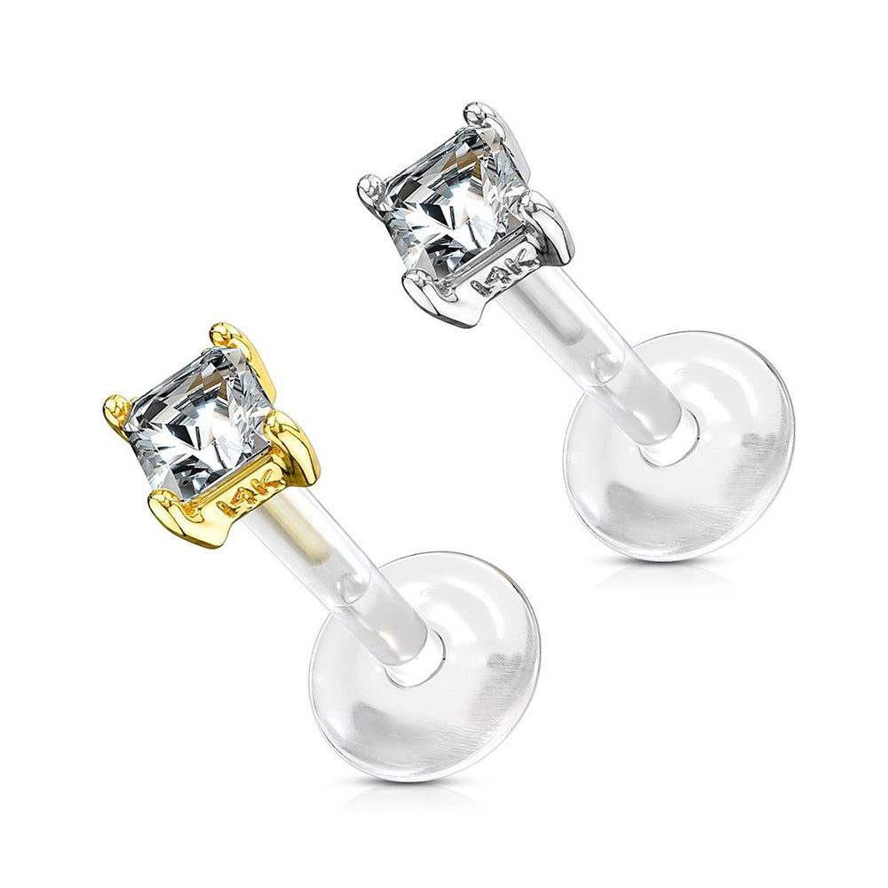 14K Solid Gold 16 Gauge Labret Stud with Square CZ