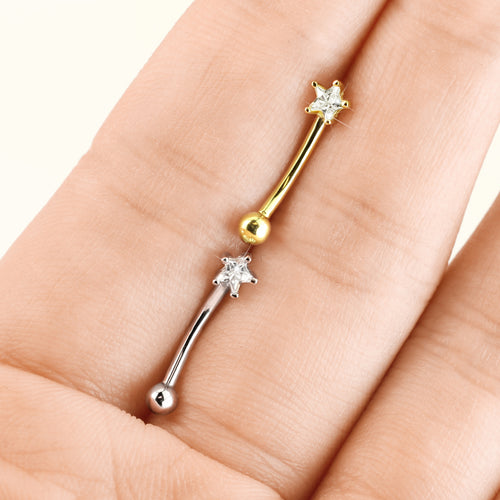 14 Karat Solid Gold Curved Barbell 16 Gauge 5/16" Eyebrow Star CZ Gem - Kruelty - Photo 2