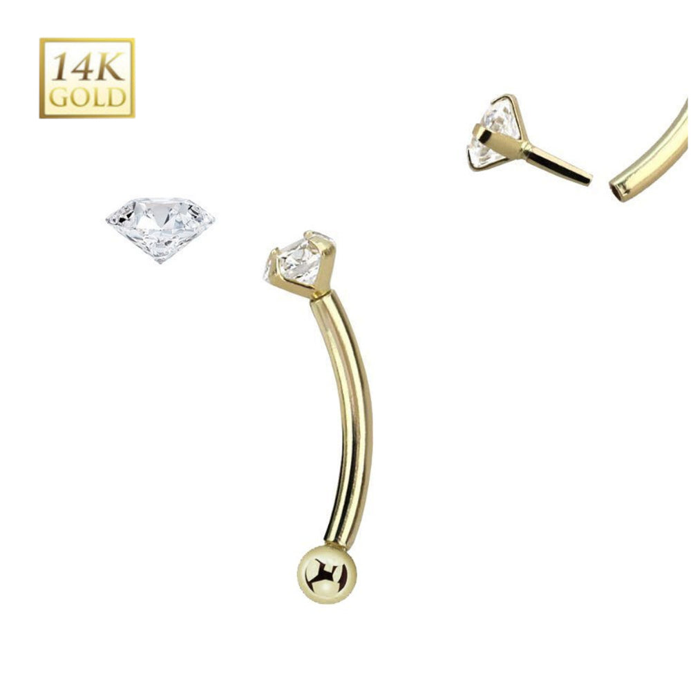 14K Solid Gold 16 Gauge Threadless Curved Barbell with 2mm Diamond - photo 2