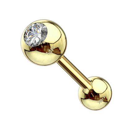 14K Solid Gold 14 Gauge CZ Straight Barbell Nipple Tongue Ring - photo 6
