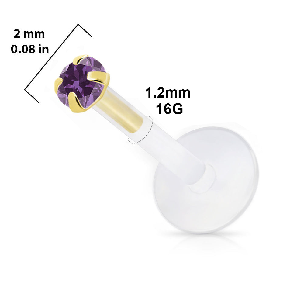 14K Gold & Bioflex 16 Gauge Push In Genuine CZ Top Labret Stud