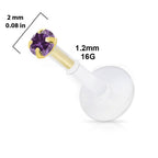 14K Gold & Bioflex 16 Gauge Push In Genuine CZ Top Labret Stud
