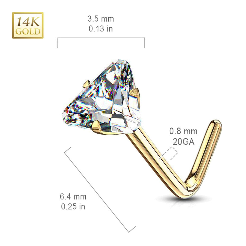 14K Solid Gold 20 Gauge L Shaped Nose Stud with Triangle CZ - photo 4