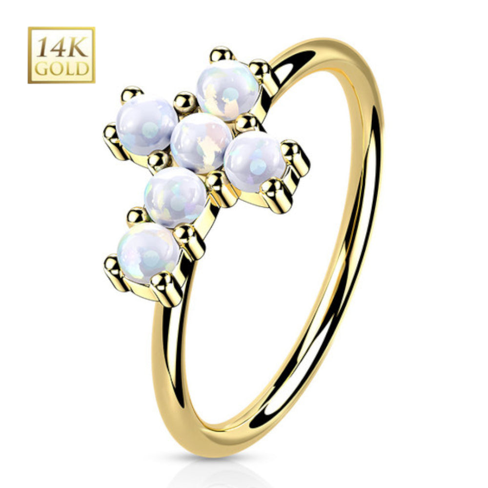 14K Solid Gold 20 Gauge Bendable Nose Ring with CZ Opal Cross - photo 8