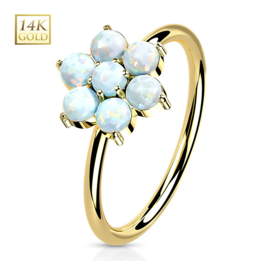 14K Solid Gold 20 Gauge Bendable Nose Ring with CZ Opal Flower - photo 8