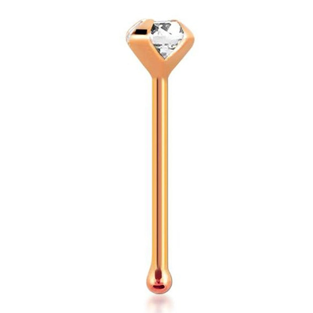 14K Solid Rose Gold 22 Gauge Nose Bone with Genuine Diamond