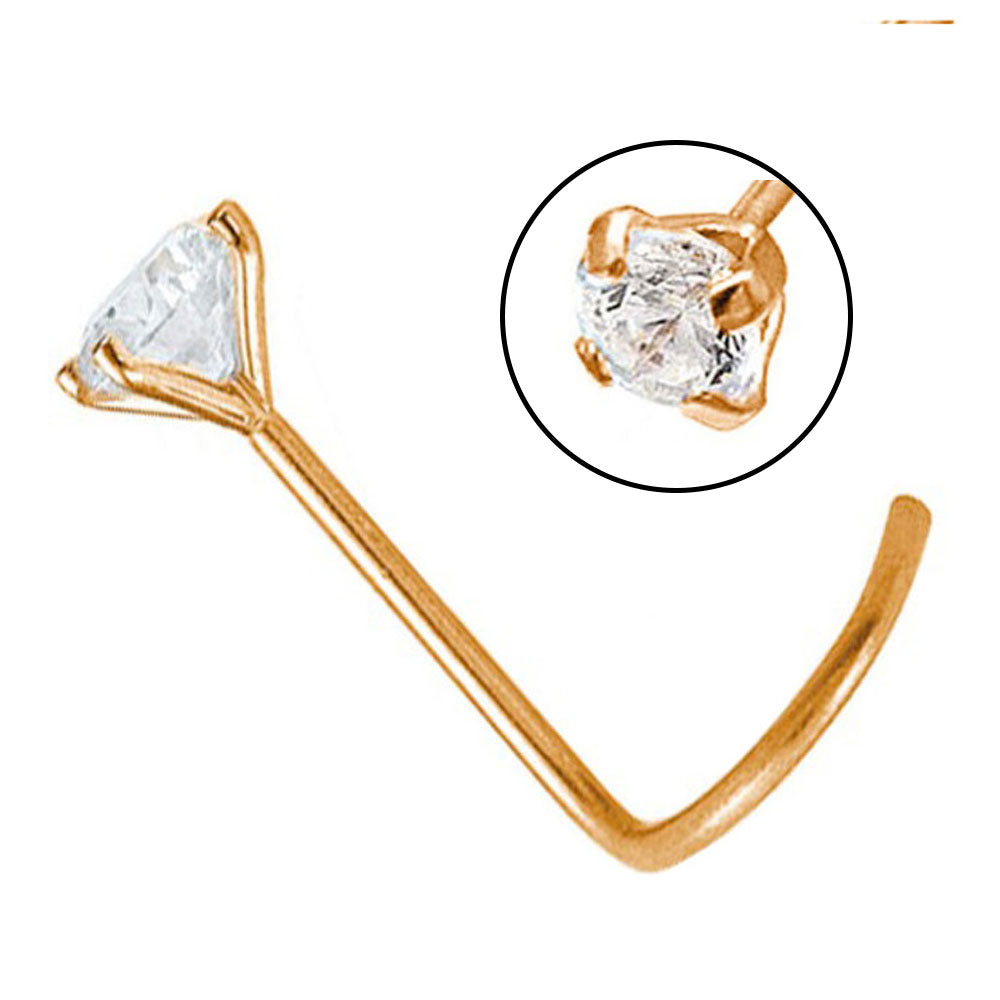 14K Solid Gold Corkscrew Nose Stud with Lab Diamond 22 Gauge