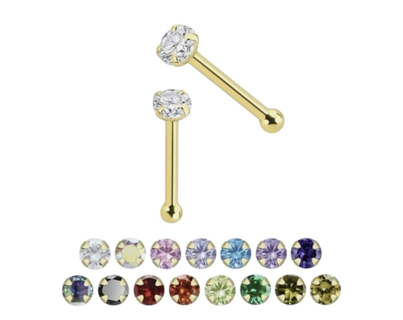 14K Solid Gold Nose Bone Stud 22G 6mm with CZ Top
