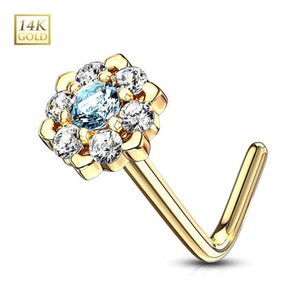 14K Solid Gold 20 Gauge L Shaped Nose Stud with CZ Flower - photo 7