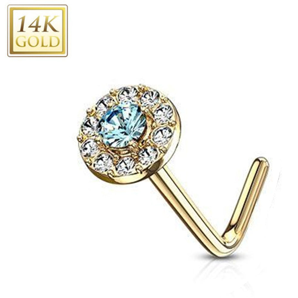 14K Solid Gold 20 Gauge L Shaped Nose Stud with Double Tier CZ - photo 5