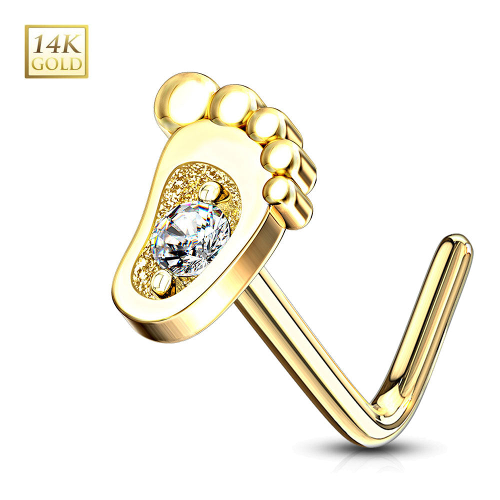 14K Solid Gold 20 Gauge L Shaped Nose Stud with Baby Feet CZ - photo 2