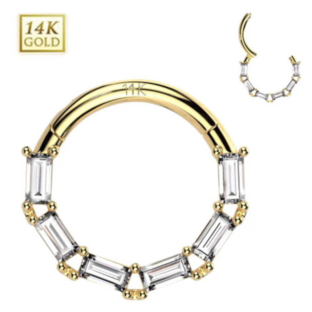 14K Solid Gold 16 Gauge Facing Baguette CZ Hinged Segment Ring