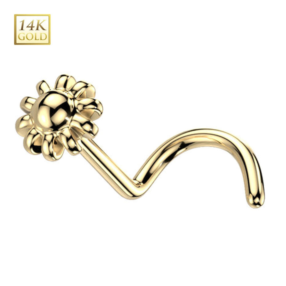 14K Solid Yellow Gold Corkscrew Nose Stud 20G 6mm with Bead Flower