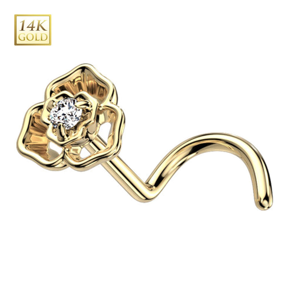 14K Solid Gold 20 Gauge CZ Flower Corkscrew Nose Stud