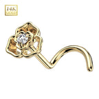 14K Solid Gold 20 Gauge CZ Flower Corkscrew Nose Stud