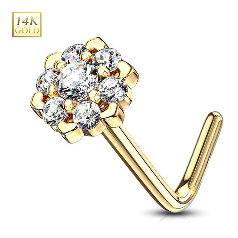 14K Solid Gold 20 Gauge L Shaped Nose Stud with CZ Flower - photo 5
