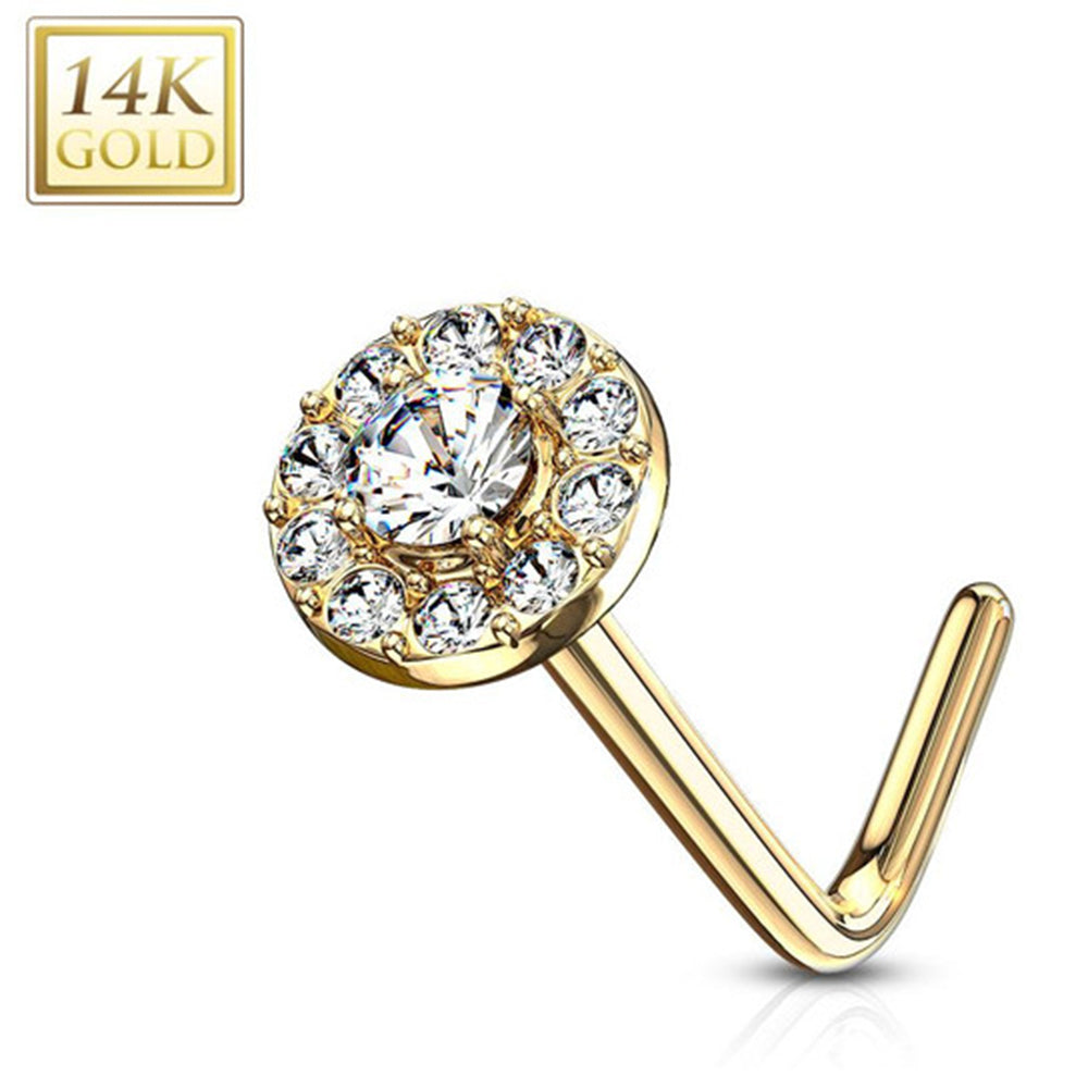 14K Solid Gold 20 Gauge L Shaped Nose Stud with Double Tier CZ - photo 9