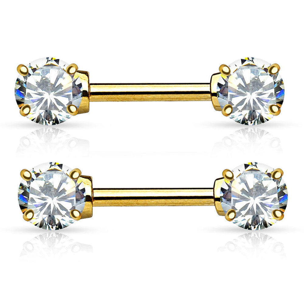 14K Solid Gold 14 Gauge Front Facing Clear CZ Nipple Barbell - Pair - photo 2
