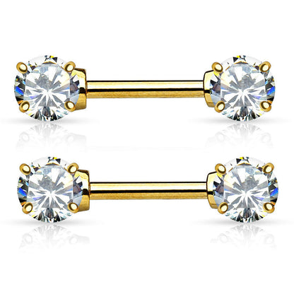 14K Solid Gold 14 Gauge Front Facing Clear CZ Nipple Barbell - Pair - photo 2