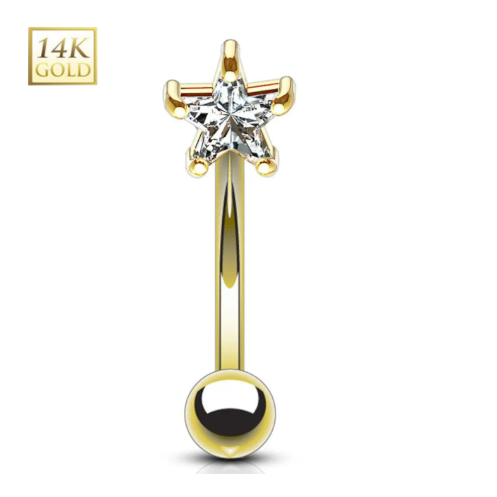 14K Solid Gold 16 Gauge Curved Eyebrow Barbell with CZ Star Top - photo 3