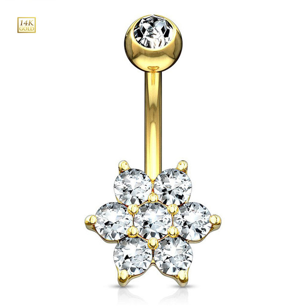 14K Solid Gold 14 Gauge Belly Ring with Cluster CZ Flower - photo 4