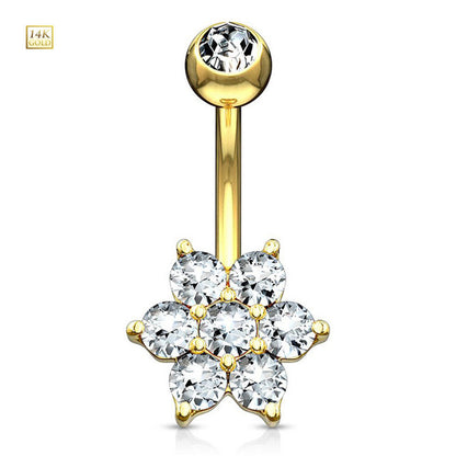 14K Solid Gold 14 Gauge Belly Ring with Cluster CZ Flower - photo 4