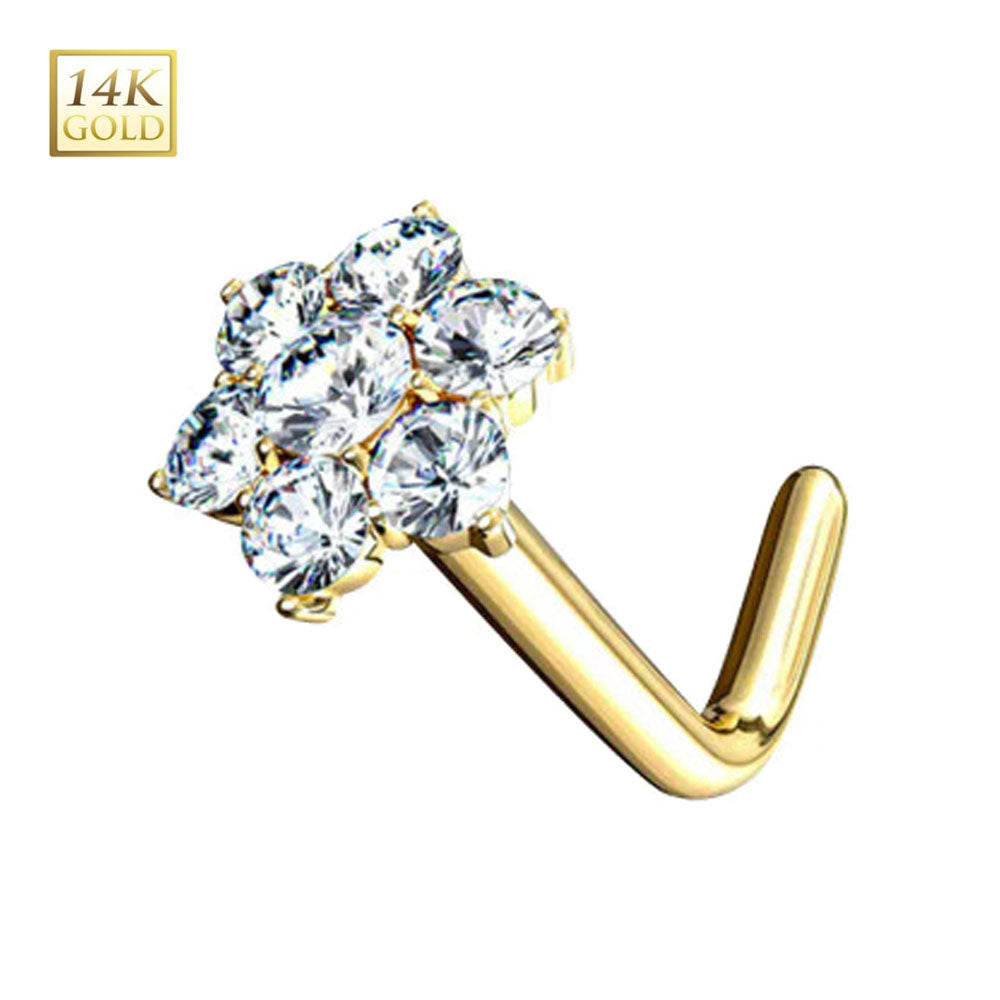 14K Solid Gold 18 & 20 Gauge Cluster CZ Flower L Shaped Nose Stud - photo 2