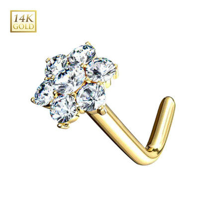 14K Solid Gold 18 & 20 Gauge Cluster CZ Flower L Shaped Nose Stud - photo 2