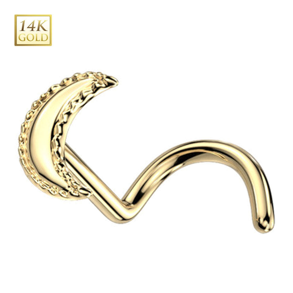 14 Karat Solid Gold 20 Gauge Nose Ring Crescent Moon Corkscrew - photo 3