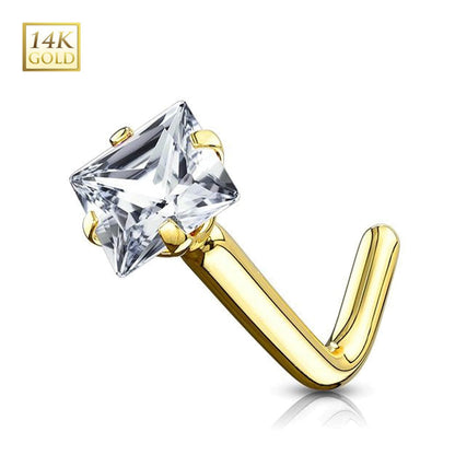 14K Solid Gold 20 Gauge L-Shaped Nose Stud with Square CZ - photo 2