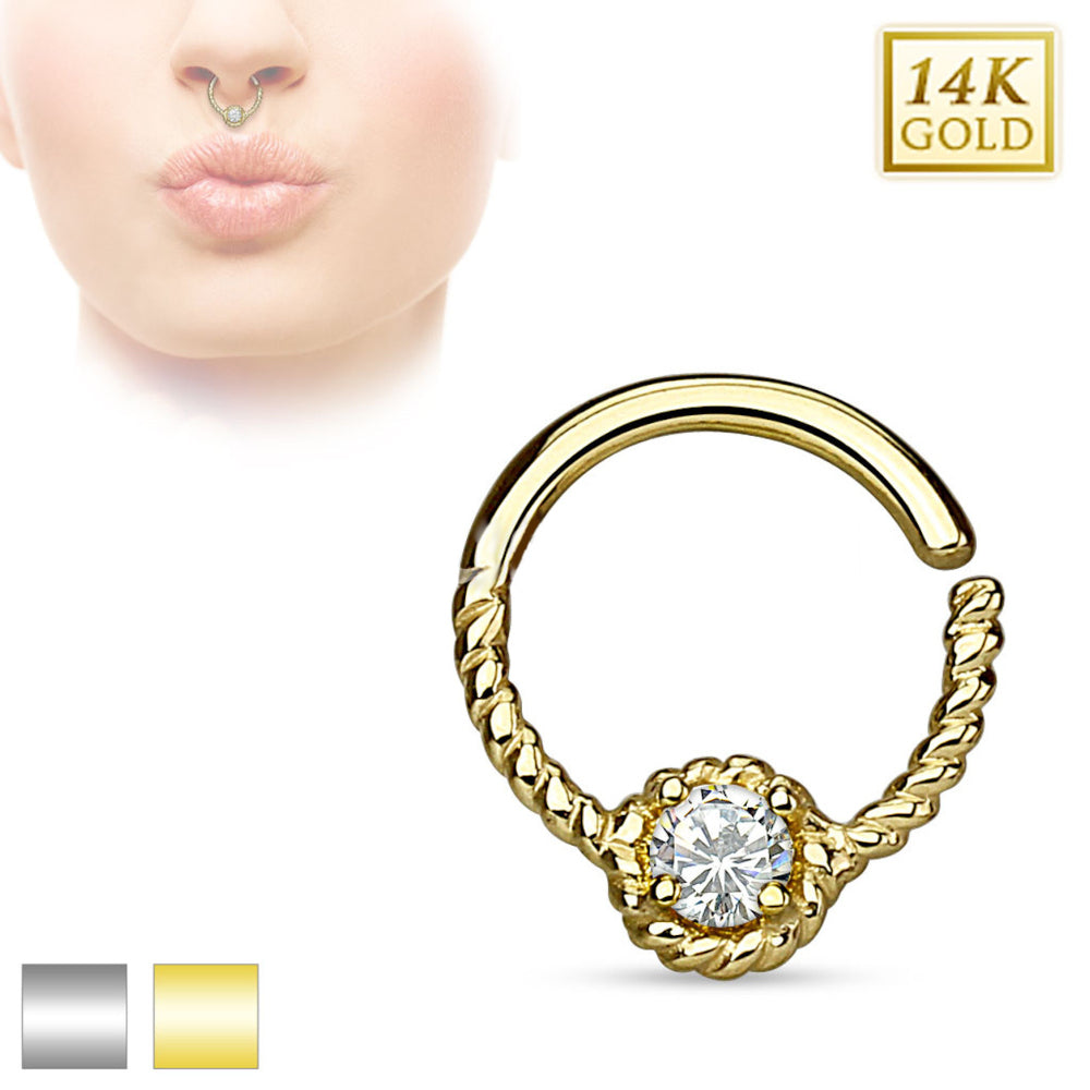14K Solid Gold 16 Gauge Bendable Septum Hoop with Braided CZ - photo 2