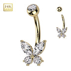 14K Solid Gold 14 Gauge CZ Butterfly Belly Button Ring