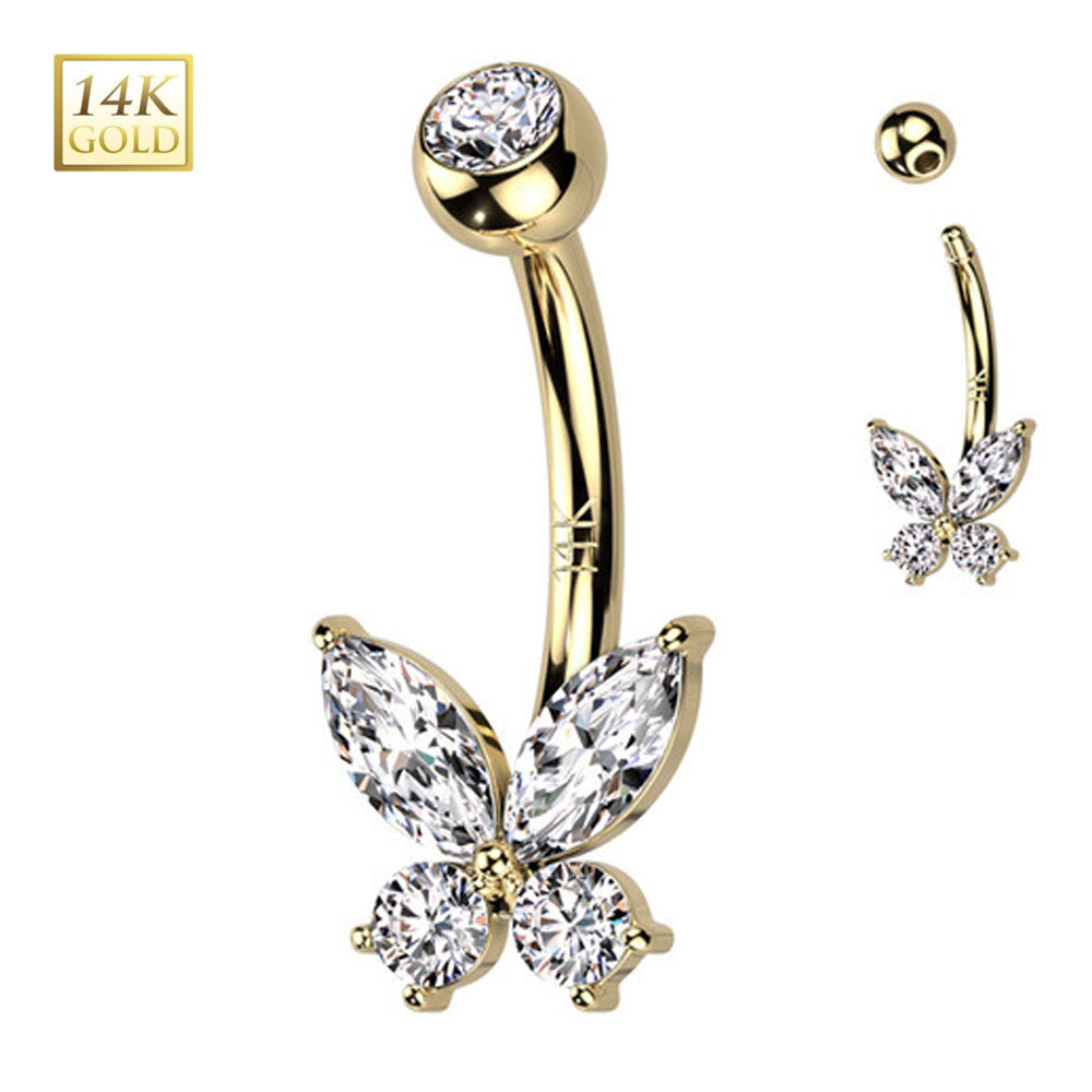14K Solid Gold 14 Gauge CZ Butterfly Belly Button Ring