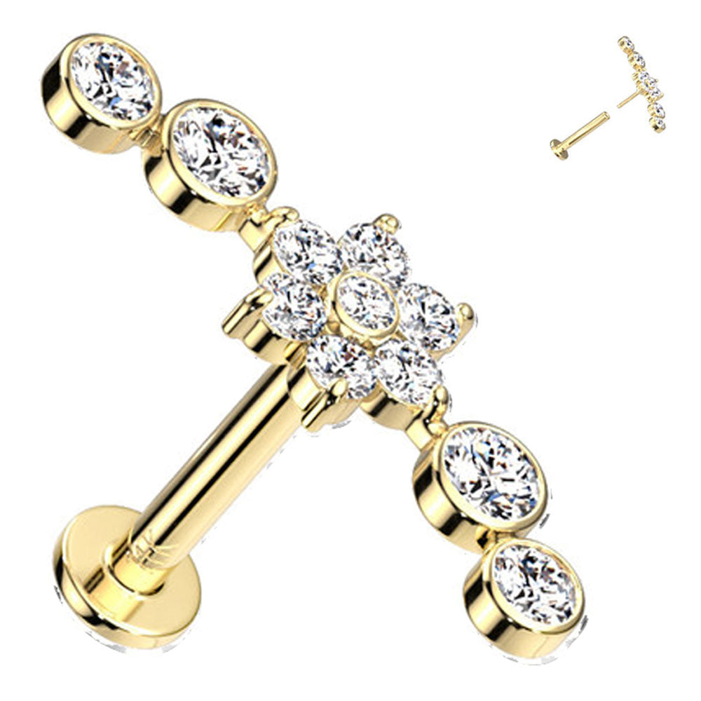 14K Solid Gold 16 to 18 Gauge Cluster CZ Flower Labret Stud