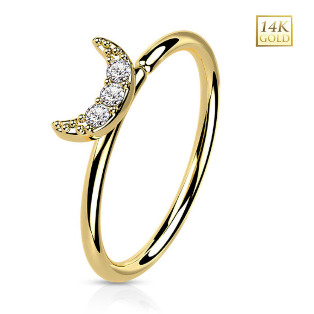14K Solid Gold 20 Gauge Bendable Nose Ring with Crescent Moon - photo 4