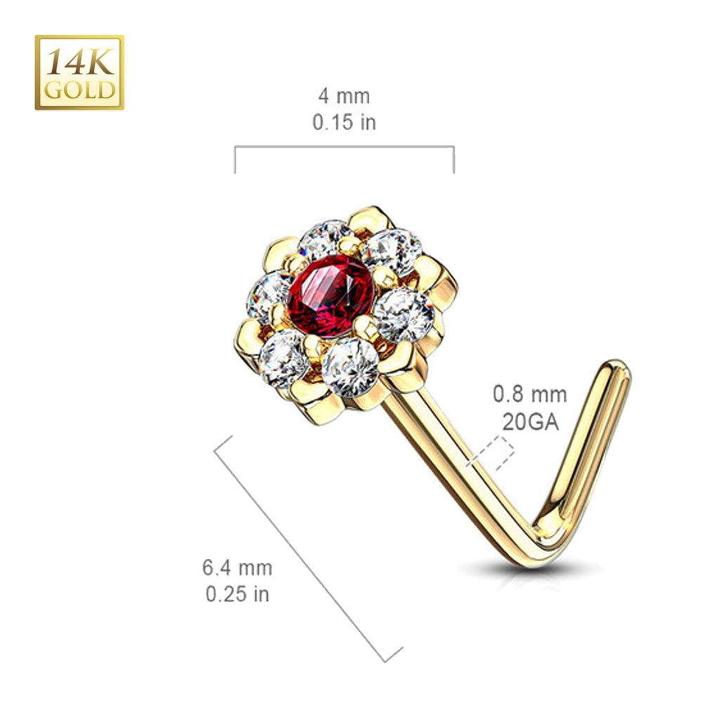 14K Solid Gold 20 Gauge L Shaped Nose Stud with CZ Flower - photo 4