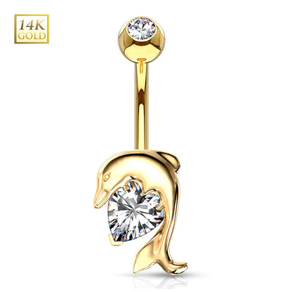 14K Solid Gold 14 Gauge Belly Ring Love Heart CZ Dolphin - photo 4