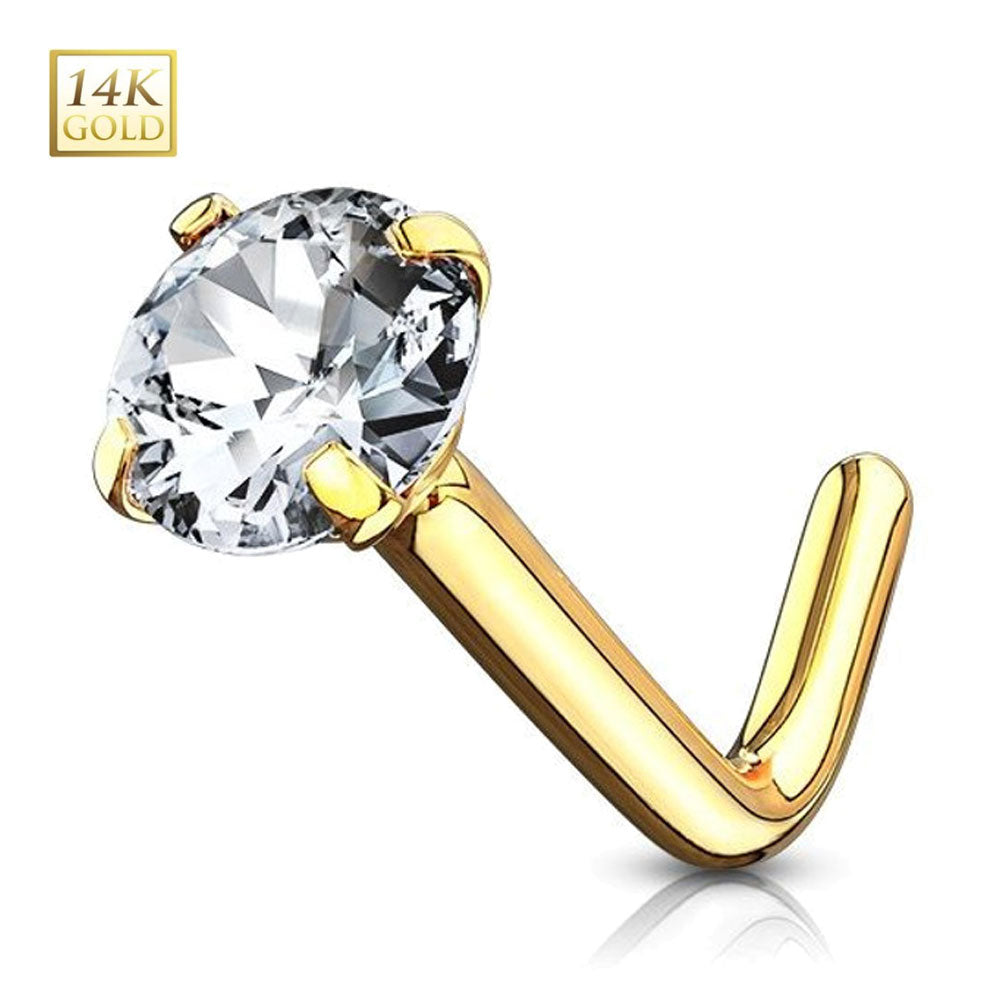 14K Solid Gold 18 and 20 Gauge L Shaped Nose Stud with Prong Set CZ - photo 2