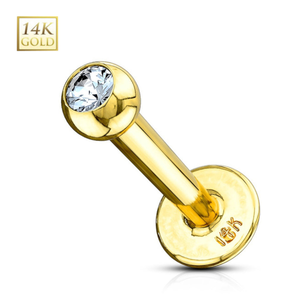 14K Solid Gold 14 and 16 Gauge Flat Back Labret Stud Clear CZ - photo 6