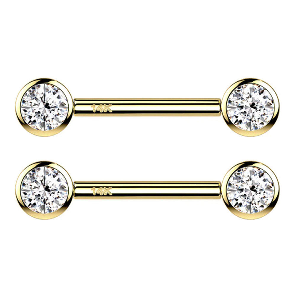 14K Solid Gold 14 Gauge Bezel Set Crystal CZ Nipple Barbell - Pair