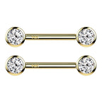 14K Solid Gold 14 Gauge Bezel Set Crystal CZ Nipple Barbell - Pair