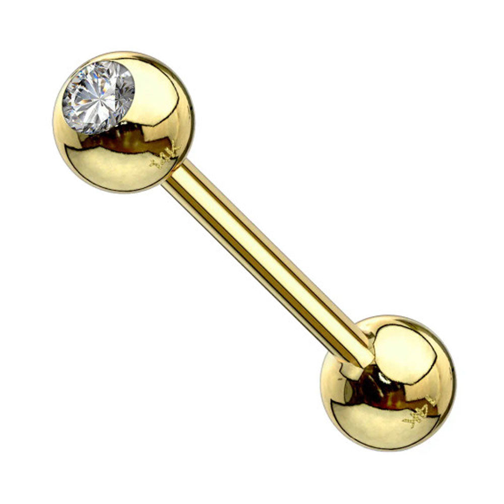 14K Solid Gold 14 Gauge CZ Straight Barbell Nipple Tongue Ring - photo 3