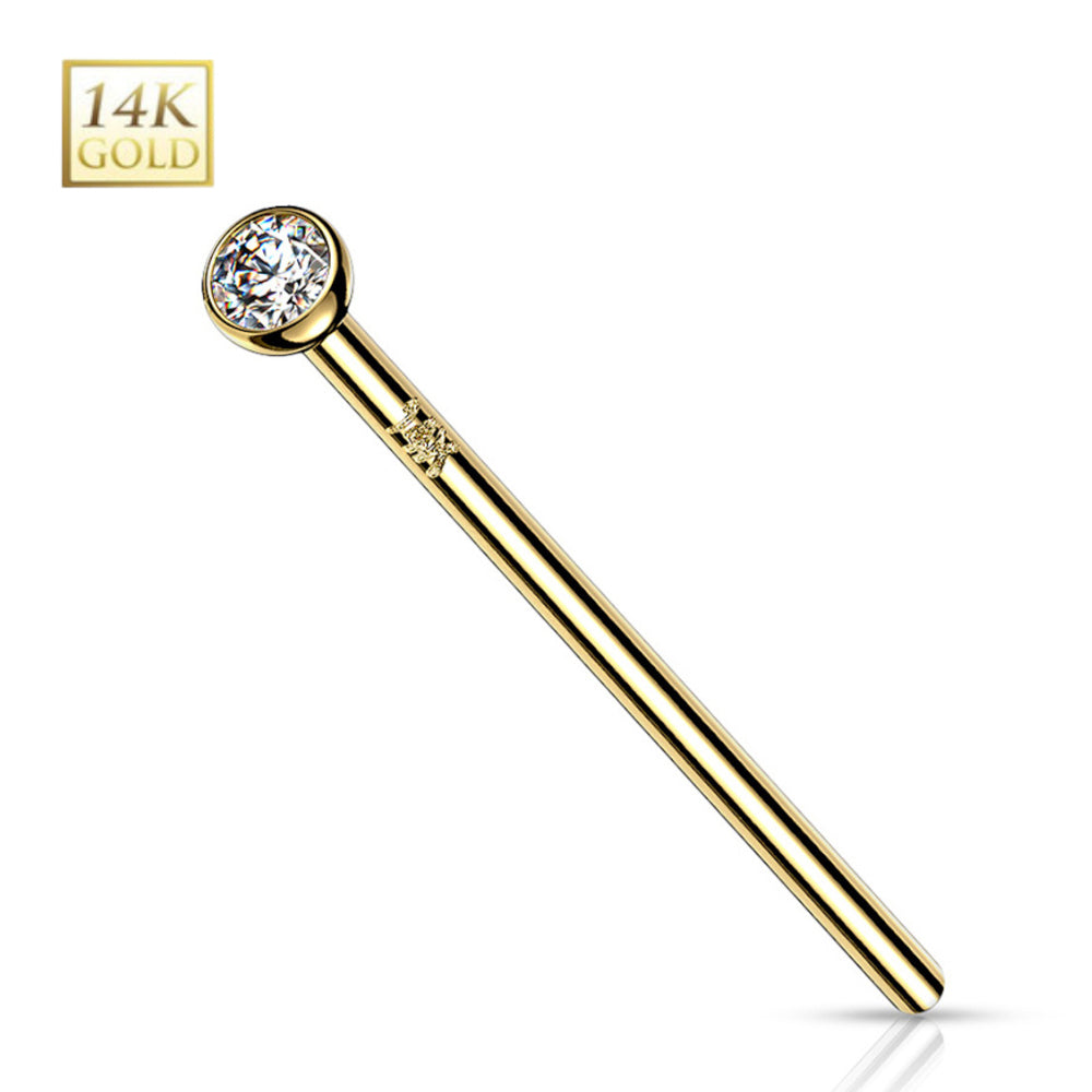 14K Solid Gold 20 & 18 Gauge Bezel Set CZ Fishtail Nose Stud