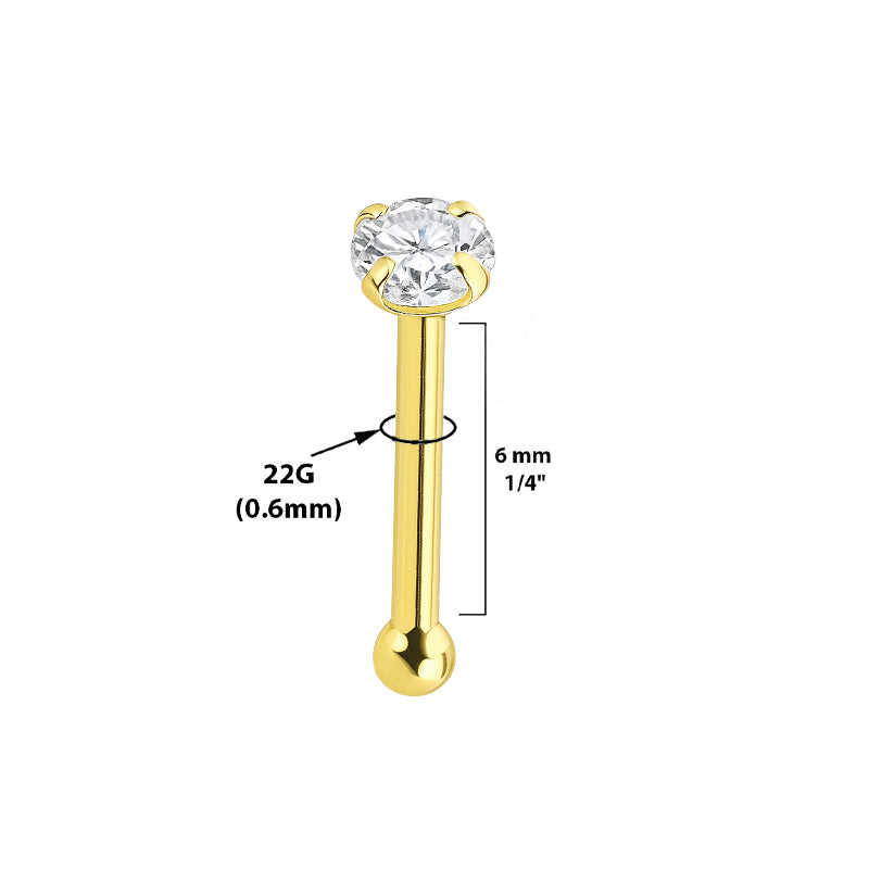 14K Solid Gold Nose Bone Stud 22G 6mm with CZ Top - photo 2