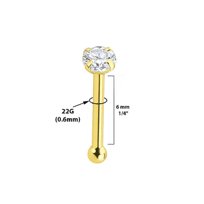 14K Solid Gold Nose Bone Stud 22G 6mm with CZ Top - photo 2