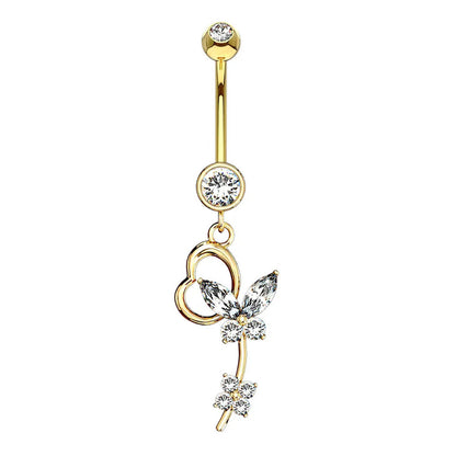 14K Solid Gold 14 Gauge Belly Ring with Flower Crystal CZ Butterfly - photo 4