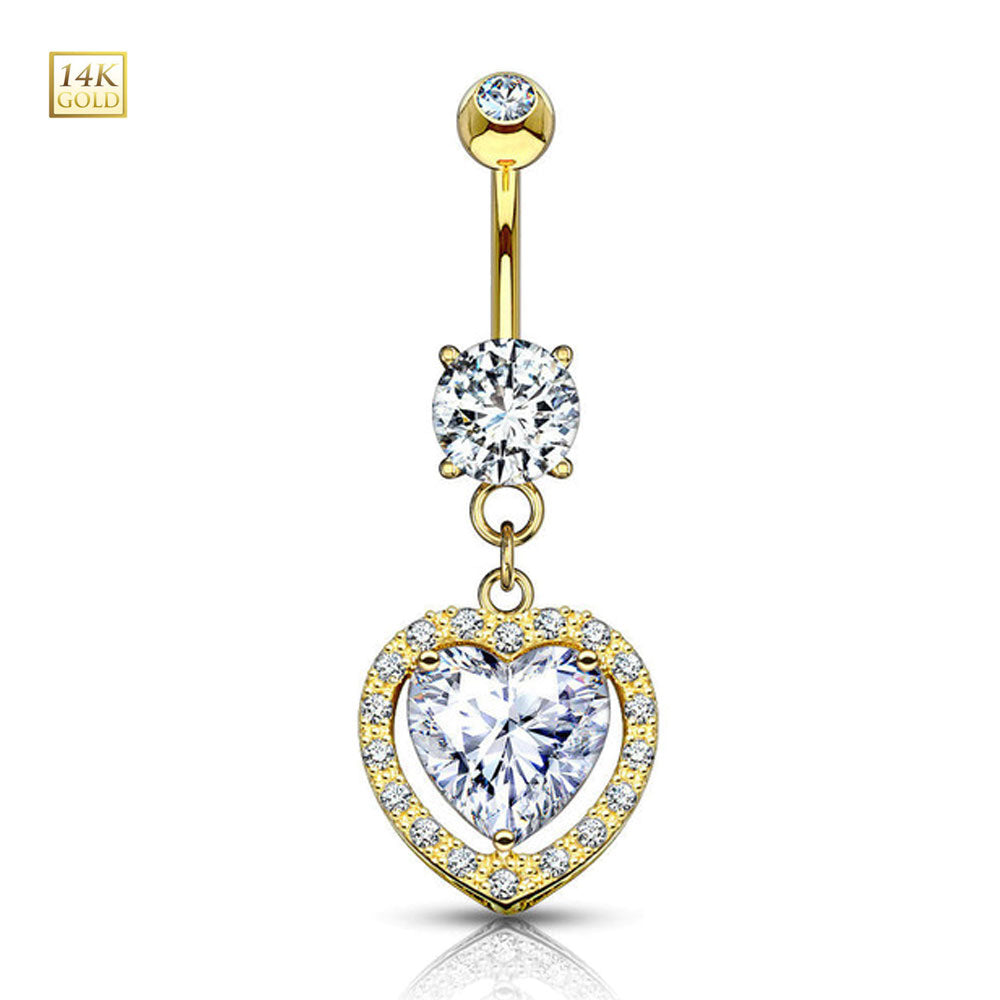 14K Solid Gold 14 Gauge Belly Ring with Dangle Solitaire Heart CZ - photo 4